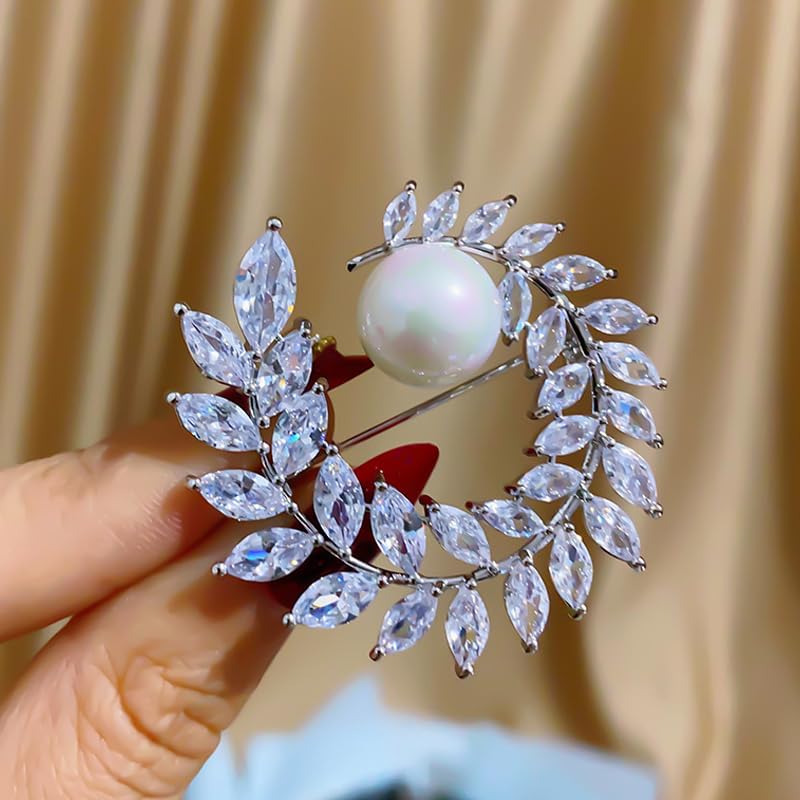 Brooches for Women, Shiny Cubic Zirconia Brooch Pins for Women Fashion Brooch Pin Broach Jewelry Gift - color: Olive branch
