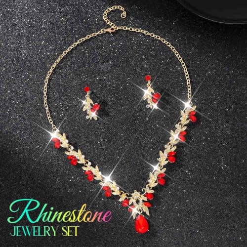 Rhinestone Bridal Wedding Jewelry Sets Gold Necklace Earrings Set Leaf Prom Formal Costume Jewelry Set for Women and Brides - color: Red