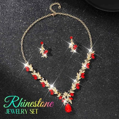 Rhinestone Bridal Wedding Jewelry Sets Gold Necklace Earrings Set Leaf Prom Formal Costume Jewelry Set for Women and Brides - color: Red