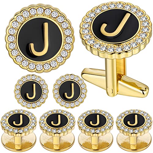 HAWSON 18K Gold Tone Initial Cufflinks for Men with Tuxedo Studs - Gift Boxed, Stylish Men's Jewelry Accessories for Weddings, Birthdays, Anniversaries, Father's Day - color: J-Cufflinks & Studs Set