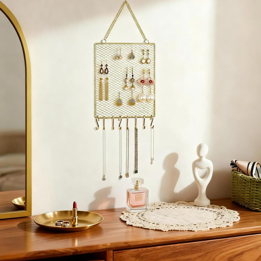 Heshouer Rectangular Earring Wall Holder, Gold. | Wall Mounted, 8 Hooks & Small Grid, For Earrings Necklace, Decorative, For Bedroom Closet Home Decor - size: Rectangular