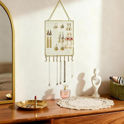 Heshouer Rectangular Earring Wall Holder, Gold. | Wall Mounted, 8 Hooks & Small Grid, For Earrings Necklace, Decorative, For Bedroom Closet Home Decor - size: Rectangular
