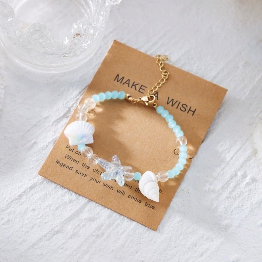 Handmade Natural Shell Starfish Beads Bracelets with a Wish Card Bohemia Sweet Seashell Conch Pearl Charm Bracelets for Women Boho Sea Themed Summer Beach Surfer Vacation Jewelry Gifts - style: StyleD