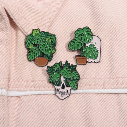 Cartoon Animal Enamel Brooch Set Cute Butterfly Duck Cat Lapel Pins for Backpacks Jacket Decoration Gifts for Friends - style: Green Potted Plant