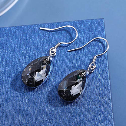 Austrian Crystal Teardrop Drop Earrings for Women, French Hook | 925 Sterling Silver Hook, Crystal Dangle Earrings, Sparkly Teardrop Stone, Lightweight Feel, Day-To-Evening Wear - color: Grey-Black