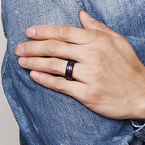 NUNCAD 8mm Men's Tungsten Rings Multi-Color/Green/Purple Plated Grooved Black Matte Finish Beveled Edges Size 4 to 16 - color: Purple Grooved