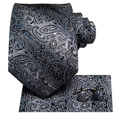 Hi-Tie Men 63inches Tie Set Extra Long Necktie Paisley Tie Pocket Suqare Cufflinks Big and Tall Men Tie - color: Black Grey