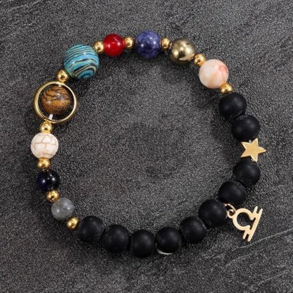 Solar System Planet Bead Zodiac Sign Stretch Bracelet for Men Women | Matte black beads with solar system planet stones, unisex design, perfect birthday holiday gift for men women - color: libra