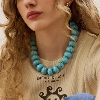 Chunky Acrylic Beaded Necklace for Women, Boho Oversized Disc Fake Turquoise Resin Bead Chain Statement Choker Lightweight Adjustable Summer Beach Jewelry Gift - color: Oversize Disc Blue