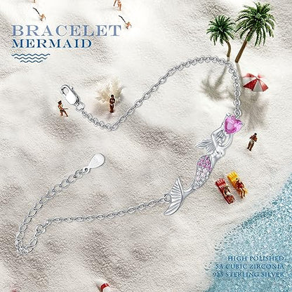 925 Sterling Silver Bohemia Hawaiian Beach Mermaid Floral Bracelet Birthday Graduation Gifts for Women with Gifts Box - style: 10C-Mermaid（Pink）