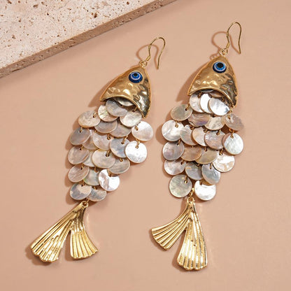 Boho Articulated Fish Drop Earrings for Women - Gold Tone Shimmering Resin Scale Dangle Earrings with Blue Evil Eye Charm, Lightweight Faux Shell Ocean Animal Jewelry Gift for Her Mom Wife