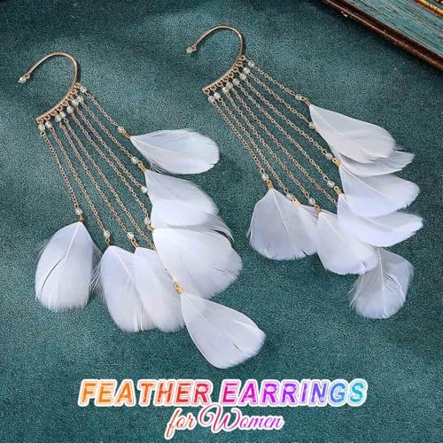 Catery Feather Earrings Long Tassel Boho Earrings Dangling Fringe Prom Jewelry for Women - color: White