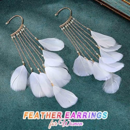 Catery Feather Earrings Long Tassel Boho Earrings Dangling Fringe Prom Jewelry for Women - color: White