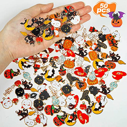 Halloween Charms for Jewelry Making, 50Pcs Earring Charm for Bracelets | Enamel Pendant Charms