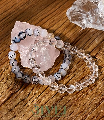 Bivei Natural Crystals Gemstone Healing Stretchy Round Beaded Bracelet | 8MM Semi Precious Beads Bracelet, Handmade Spiritual Jewelry Gift for Women Men,Enhance Positive Energy - color: 8mm Clear Quartz & Dragon Vein Agate (Master Healer), size: Small: 6.