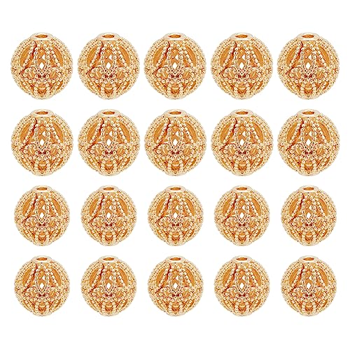 PH PandaHall 20pcs Golden Round Beads, 14K Gold Plated Brass Hollow Filigree Metal Spacer Beads 8mm 10mm for Earrings Bracelet Pendant Waist Chain Necklaces DIY Crafts - size: 8mm/10mm