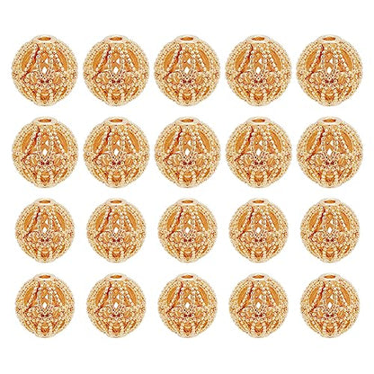 PH PandaHall 20pcs Golden Round Beads, 14K Gold Plated Brass Hollow Filigree Metal Spacer Beads 8mm 10mm for Earrings Bracelet Pendant Waist Chain Necklaces DIY Crafts - size: 8mm/10mm