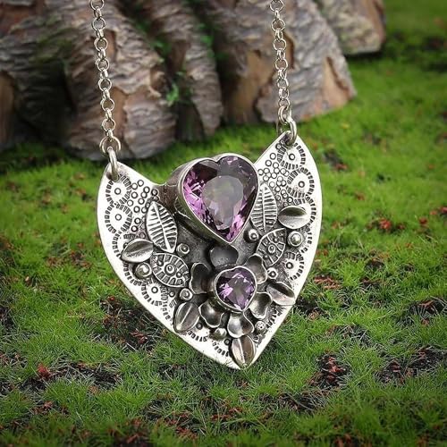 Love Amethyst Necklace Romantic Gift for Girlfriend Mom Valentine’s Day | Antique silver 3D leaf floral heart tag with double heart amethyst, skin-friendly alloy as romantic Valentine’s gift