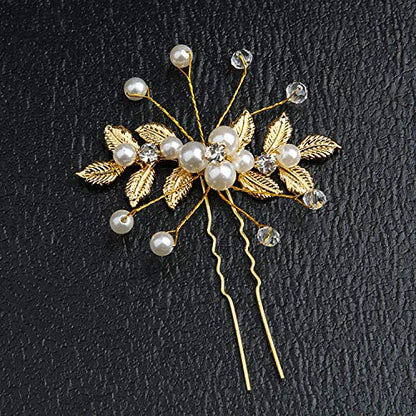 inSowni 28 Pack Wedding Bridal Gold Metal Leaf Hair Side Combs+U Shaped Pearl Rhinestone Fancy Hair Pins Clips Flower Golden Prom Formal Hair Pieces Updo Accessories for Women Girls Brides Bridesmaids