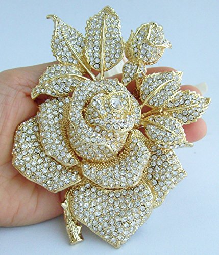 Gorgeous Wedding 5.32" Big Rose Flower Brooch Pin Austrian Crystal Pendant BZ2994 - color: Gold-Tone Clear