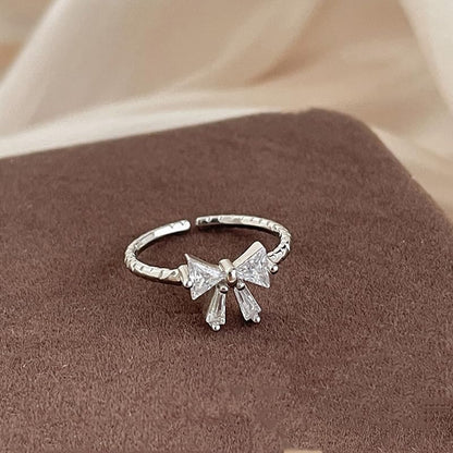 2Pcs Bow Rings for Women Elegant Sweet Coquette Ribbon Bowknot Rings Silver Dainty Crystal Bow Rings Minimalist Cute Statement Ring Adjustable Open Ring Trendy Christmas Birthday Jewelry Gift