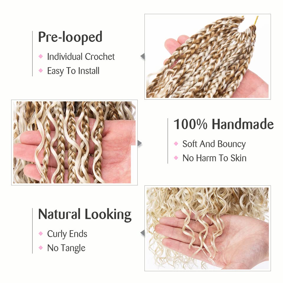 Unionbeauty 18 Inch Boho Box Braids Crochet Hair Pre-looped 8 PCS Goddess Box Braids Crochet Hair Curly Ends Mix Blonde Bohemian Hippie Crochet Braids Synthetic Braiding Hair for Black Woman M27/613# - color: M27/613, size: 18 Inch (Pack of 8)