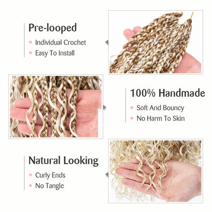 Unionbeauty 18 Inch Boho Box Braids Crochet Hair Pre-looped 8 PCS Goddess Box Braids Crochet Hair Curly Ends Mix Blonde Bohemian Hippie Crochet Braids Synthetic Braiding Hair for Black Woman M27/613# - color: M27/613, size: 18 Inch (Pack of 8)