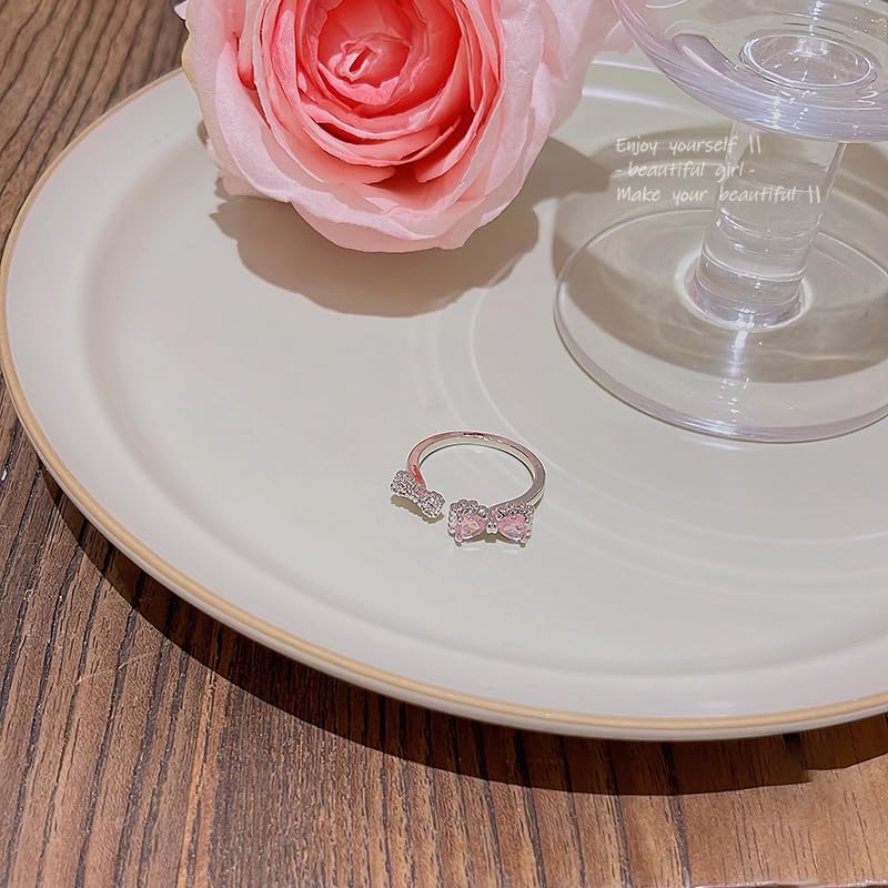 Pink Cubic Zirconia Cute Bowknot Finger Rings 925 Sterling Silver 14K Gold Plated Adjustable Rhinestone Butterfly Bowkont Open Rings Wedding Jewelry for Women（Pink） - color: Pink