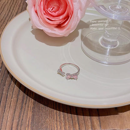 Pink Cubic Zirconia Cute Bowknot Finger Rings 925 Sterling Silver 14K Gold Plated Adjustable Rhinestone Butterfly Bowkont Open Rings Wedding Jewelry for Women（Pink） - color: Pink