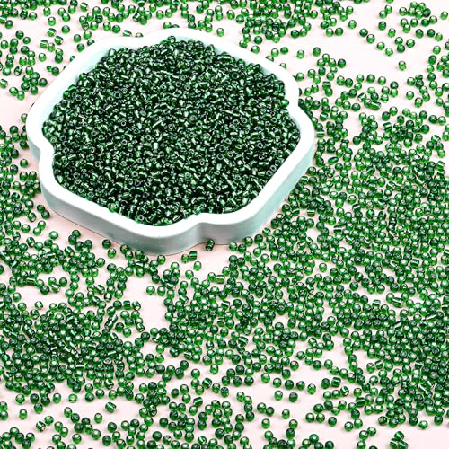 2mm Glass Seed Beads Bulk, Green with Silver 12/0 Tiny Round Seed Bead, Small Mini Pony Craft Beads for Bracelet Necklace Wrist Jewelry Making Beading Weaving DIY Crafts Supplies - color: Green with Silver