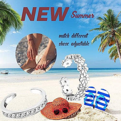 Jstyle 3PCS 14K Gold Filled Toe Rings for Women Adjustable Silver Gold Toe Ring Set Cute Opal CZ Daisy Flower Toe Rings Open Band Hawaiian Beach Summer Foot Jewelry for Women - color: Silver