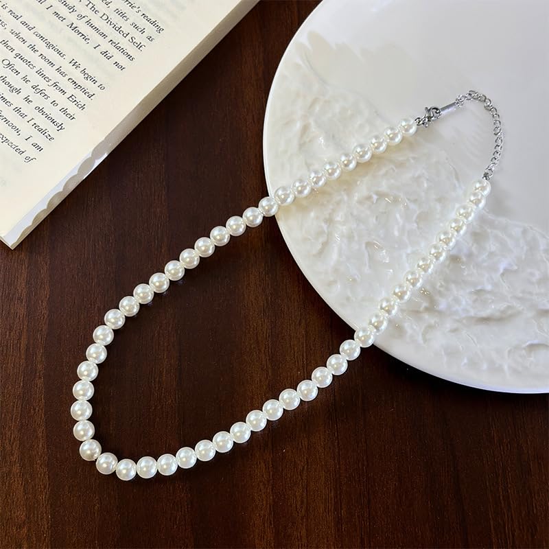 Pearl Necklace Dainty Round Choker Wedding Delicate Jewelry for Women Simple Bridesmaid Jewelry Gifts - style: 8mm(3.15in) Silver Pearl