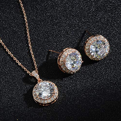 Bridal Crystal Jewelry Set - Sterling Silver Round Cubic Zirconia CZ Rhinestone Halo Birthstone Pendant Necklace Stud Earrings Set for Wedding Bride Bridesmaids Birthday Gift - color: Rose Gold