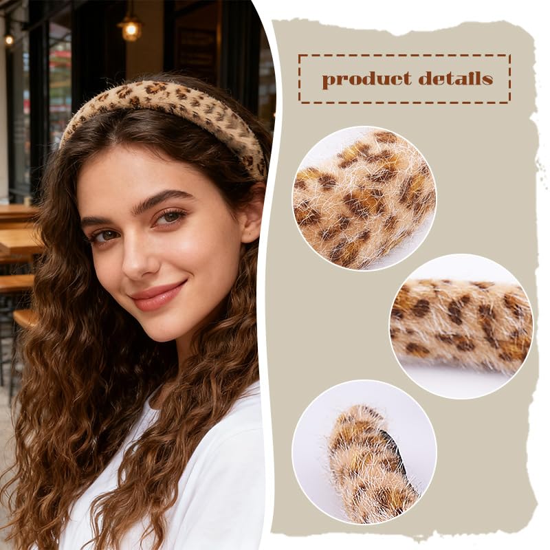 Kefley Padded Puffy Leopard Print Headband for Women Soft Sponge Cheetah Leopard Headbands Hair Hoop No Slip Padded Plush Hairbands Thick Animal Print Headband Hair Accessories Headwear - color: Khaki