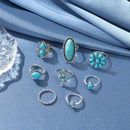 Bohemian Turquoise Ring for Women Stackable Vintage Chunky Boho Turquoise Ring Set Dainty Open Gemstone Knuckle Midi Finger Rings Western Statement Rings Jewelry - style: eight ring