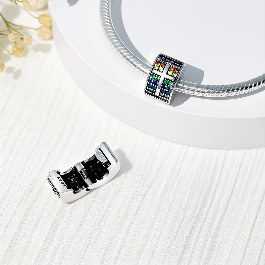 925 Sterling Silver Openable Clip Spacer Bead Fits Pandora Bracelet | Hypoallergenic Clip Stopper Charm, Star Clover Butterfly Floral Mom Heart Paved Zircon Gift for DIY Charm Bracelet Jewelry - color: Rainbow Zircon Cross