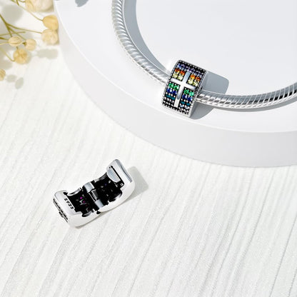 925 Sterling Silver Openable Clip Spacer Bead Fits Pandora Bracelet | Hypoallergenic Clip Stopper Charm, Star Clover Butterfly Floral Mom Heart Paved Zircon Gift for DIY Charm Bracelet Jewelry - color: Rainbow Zircon Cross