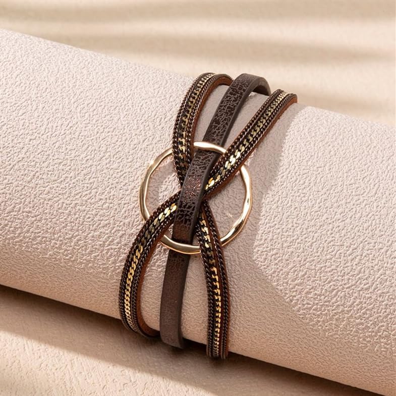 xuzhiyuan Bohemian Leather Cuff Bracelet Multi-Layer Wrap with Circle Accent Bracelet Boho Braided Bracelet Jewelry Gift for Women - color: Brown