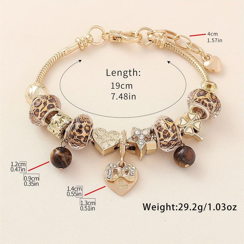 1PC Charm Bracelet, Gold Tone Snake Chain, Leopard Print Beads, Heart And Star Charms, Tiger Eye Accents, Vintage Style Jewelry For Outfit Matching(Gold)
