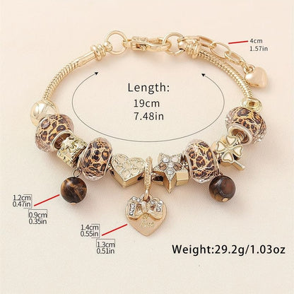 1PC Charm Bracelet, Gold Tone Snake Chain, Leopard Print Beads, Heart And Star Charms, Tiger Eye Accents, Vintage Style Jewelry For Outfit Matching(Gold)