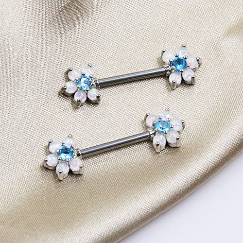 14G Opal Flower CZ Nipple Barbell Nipple Ring Piercing Jewelry for Women - color: silver blue