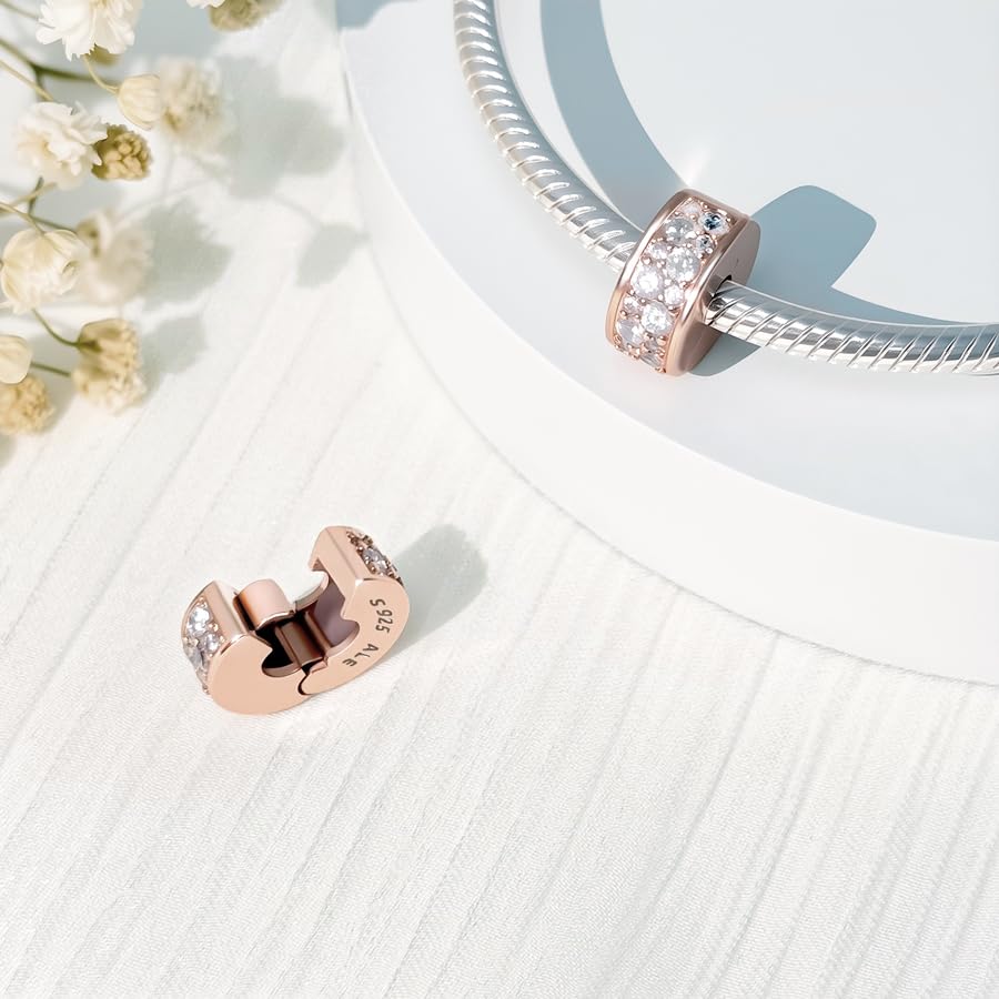 925 Sterling Silver Openable Clip Spacer Bead Fits Pandora Bracelet | Hypoallergenic Clip Stopper Charm, Star Clover Butterfly Floral Mom Heart Paved Zircon Gift for DIY Charm Bracelet Jewelry - color: Rose Gold Paved Zircon