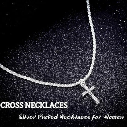 Layered Plated Silver Cross Necklace Sparkle Chain Dainty Jewelry for Women - color: D-Style