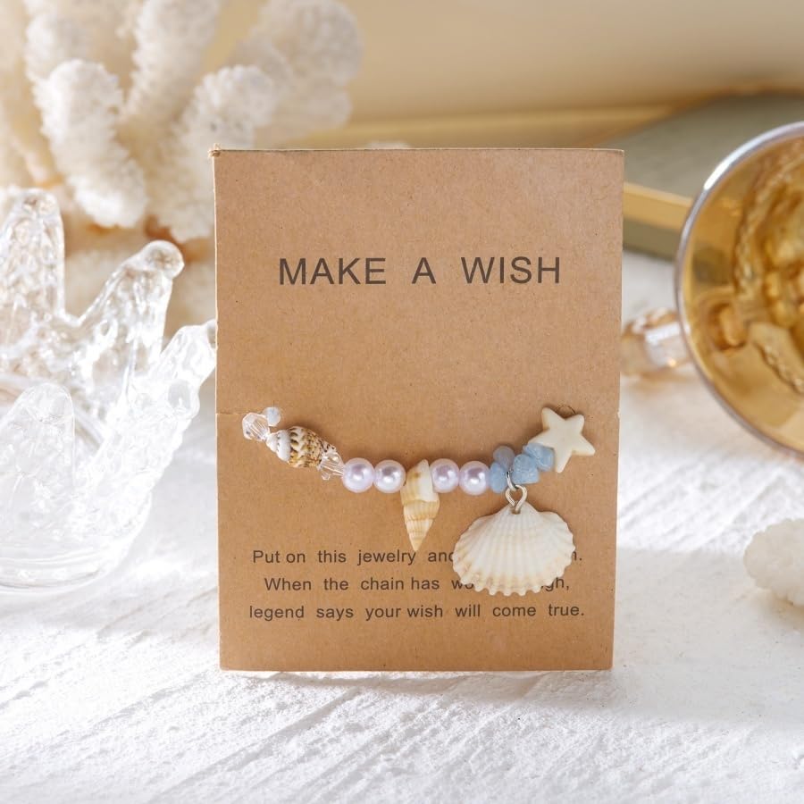 Handmade Natural Shell Starfish Beads Bracelets with a Wish Card Bohemia Sweet Seashell Conch Pearl Charm Bracelets for Women Boho Sea Themed Summer Beach Surfer Vacation Jewelry Gifts - style: StyleG