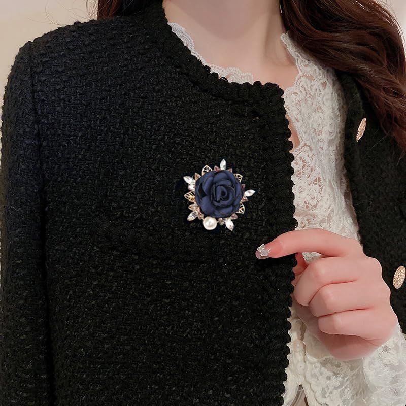 Elegant Rose Flower Brooch Pin for Women Men Wedding Party Gentleman's Essentials Handmade Imitation Crystal Pearl Fabric Flower Lapel Pin Dress Suit Accessories Boutonniere Ideas Gift - color: Blue