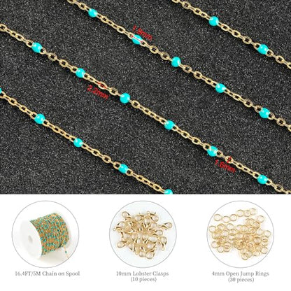 KYUNHOO 16.4 Feet Turquoise Beaded Rosary Spool Gold Plated Chains Bulk | Stainless Steel Chains for Jewelry Making Necklace Ankle Earring DIY Jewelry Findings - color: Gold-Turquoise
