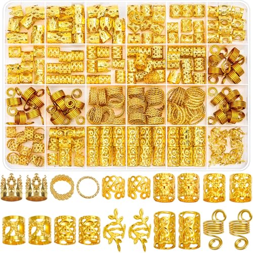 Lucomb 220 Pcs Gold Hair Jewelry for Braids, Loc Jewelry for Hair Dreadlock, Loc Charms for Women, Metal Gold Braid Rings Cuffs Clips for Dreadlock Accessories Clip Braids Extensions Decorations - color: Gold
