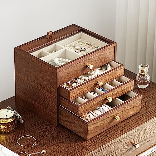CHOSIN Walnut Jewelry Box Wood for Women with Vertical Neclace Hooks | Pull-out Necklace Storage Layer, 4 Drawers, No Mirror, Unlocking, Transparent Glass Lid, Velvet Interior, Gift for Her - style: 4 Layer B