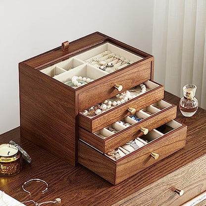 CHOSIN Walnut Jewelry Box Wood for Women with Vertical Neclace Hooks | Pull-out Necklace Storage Layer, 4 Drawers, No Mirror, Unlocking, Transparent Glass Lid, Velvet Interior, Gift for Her - style: 4 Layer B