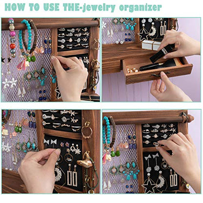 Jewelry Wall Organizer Wall Mounted, Jewelry Hanger Display Rack Earring with Drawers, for Earring/Stud/Ring/Necklace/Bracelets Accessories Bangles Holder Girls Gift (brown)